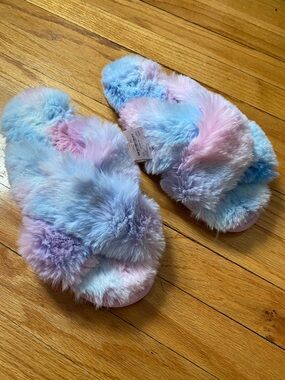 J Crew Tie-Dye Faux Fur Slide Slippers - Pastel Pink & Blue